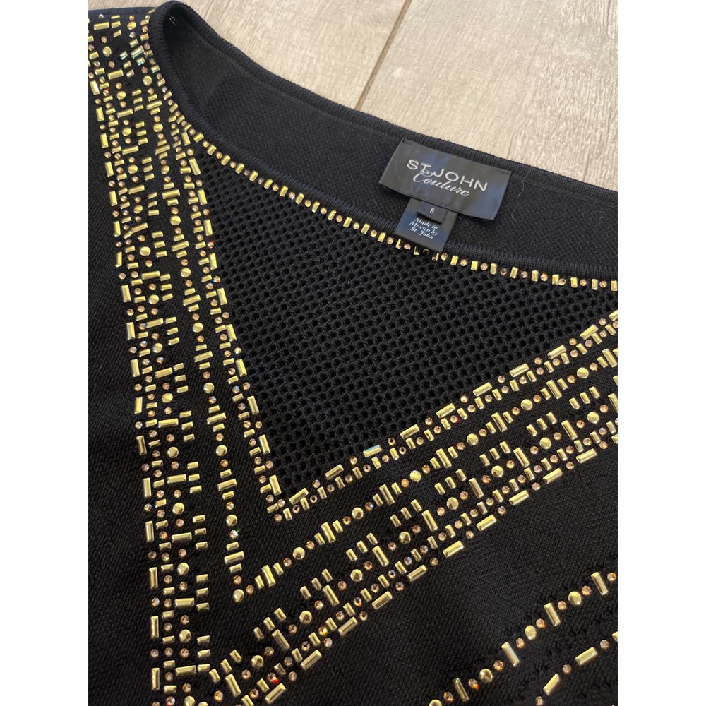 St John Couture Black Gold Embellished Knit Top‎ Mesh Bell Sleeve Size S